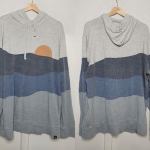 Faherty Gray Hoodie with Blue and Navy Wave Stripes and Orange Sun